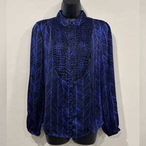 Vintage Cobalt Chevron Pattern Liz Claiborne 100% Silk Blouse | Size M